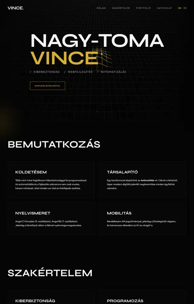 A(z) Nagy-Toma Vince weboldal nyitóoldala